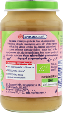 Tył słoika Rossmann z przecierem owocowym dla niemowląt, różowa etykieta z polskim opisem składu bez cukru i mleka.