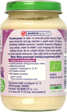 Tył słoiczka kaszki mannej Dobranoc Rossmann, dla dzieci, z fioletową etykietą i opisem bez dodatku cukru.
