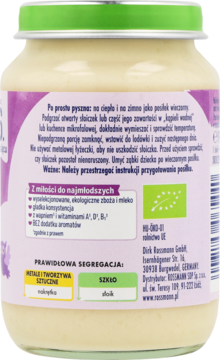 Tylna strona słoika kaszki manny Dobranoc dla niemowląt. Zielona nakrętka, fioletowa etykieta z tekstem o składzie bio.