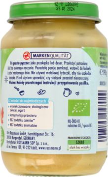 Tył słoiczka Babydream, przecier bananowo-morelowy bez dodatku cukru i aromatów, zielony dekiel.