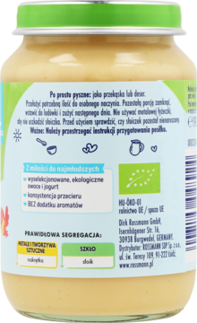 Tył słoiczka Babydream ekologiczny przecier bananowo-morelowy z jogurtem. Widoczna etykieta z info o składnikach i segregacji.