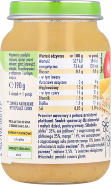 Tył słoika Babydream puree owocowego z pełnoziarnistymi płatkami 6m+. Widoczne wartości odżywcze i skład z mango.