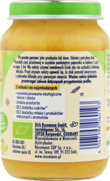Tylna etykieta słoiczka Babydream puree owocowego z płatkami (od 6 m-ca), skład (bio, bez cukru).