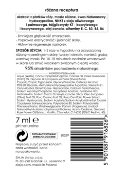Tył białego opakowania maski różanej Ziaja z kwasem hialuronowym; widoczne składniki, instrukcje i kod kreskowy.