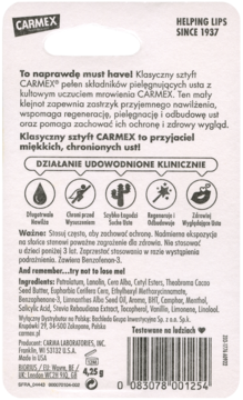 Tył kartonowego opakowania balsamu do ust Carmex w sztyfcie, z opisem działania, składem i kodem EAN.