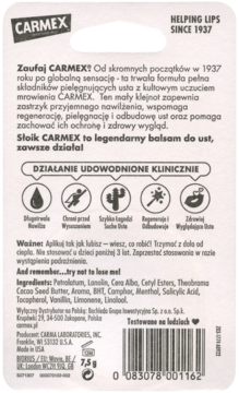 Tył opakowania balsamu do ust Carmex w białym kartoniku, z listą składników i kodem kreskowym.