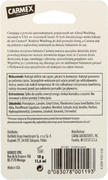 Tył żółto-białego opakowania balsamu do ust Carmex z polskim tekstem o składzie i użyciu. Widoczny kod kreskowy.