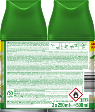 Dwa wkłady Air Wick Freshmatic Białe Kwiaty 2x250ml, tył z opisem zapachu lilii, róż i jaśminu.