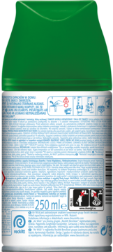 Tył zielono-białego wkładu Air Wick Freshmatic 250ml do odświeżacza, z widocznymi ikonami bezpieczeństwa.