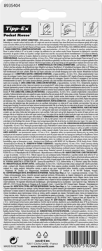 Tył opakowania korektora w taśmie Tipp-Ex Pocket Mouse 4,2mm x 10m z instrukcją użycia i kodem kreskowym.