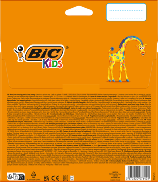 Tył pomarańczowego opakowania kredek bezdrzewnych BIC Kids z żyrafą, widoczny blok tekstu i kod kreskowy.