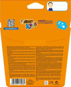 Tył pomarańczowego opakowania flamastrów Bic Kids Magic z 10+2 wymazywalnymi, kodem i instrukcjami.