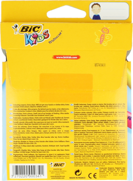Tył żółtego opakowania kredek BIC Kids Plastidecor. Opis produktu w wielu językach na białych polach.