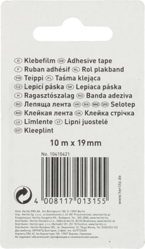 Tył białego opakowania taśmy klejącej Herlitz 10m x 19mm, widoczne specyfikacje i kod kreskowy.
