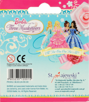 Tył opakowania Kredki Bambino 12 kolorów Barbie w różowo-niebieskie, z grafiką Trzech Muszkieterek i kodem kreskowym.
