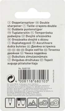 Tył białego opakowania podwójnej temperówki Herlitz, z kodem kreskowym, wielojęzycznym opisem i ikonami.