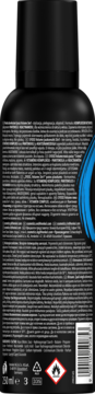 Tył czarnej butelki pianki do włosów SYOSS Volume Lift 250ml, etykieta z białym tekstem i niebieską grafiką.