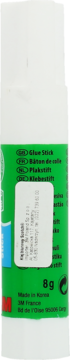 Biały klej w sztyfcie Scotch 8g, z zieloną etykietą i naklejką, widok z przodu. Zawiera opis 'Glue Stick'.