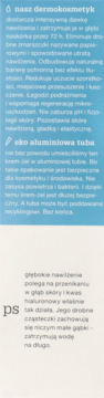 Tekst o dermokosmetyku w ekologicznej tubie, opisujący intensywne nawilżenie, regenerację skóry i recykling.