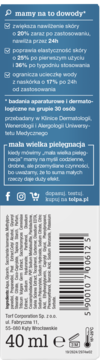 Tył niebieskiego opakowania dermokosmetyku Tołpa 40ml z tekstem o nawilżeniu, składnikami i kodem kreskowym.