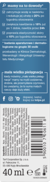 Tył opakowania dermokosmetyku Tołpa 40 ml, biało-niebieski: opis działania, skład, kod kreskowy.