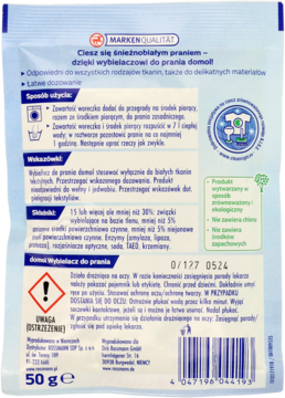 Tył białego opakowania wybielacza Domol, proszku do prania, z niebieskimi elementami i instrukcją użycia, widoczny barcode.