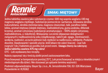 Czerwony tył opakowania tabletek Rennie Antacidum miętowych, z informacjami o składzie i dawkowaniu leku.