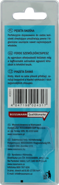 Tył opakowania skośnej pęsety Rossmann z opisem funkcji w językach obcych i widocznym kodem kreskowym.