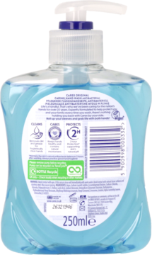 Niebieska butelka mydła w płynie Carex Original antybakteryjnego 250ml, zbliżenie na tył z etykietą.
