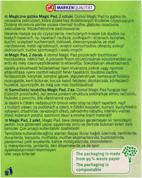 Tylne zielone opakowanie Domol Magic Pad 2 sztuki, opis usuwania zabrudzeń, info o kompostowalności.