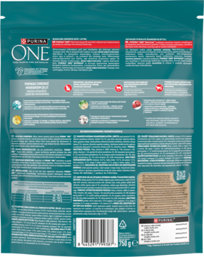 Tył opakowania PURINA ONE Sterilcat 750g, z listą składników, tabelą wartości odżywczych i kodem kreskowym.