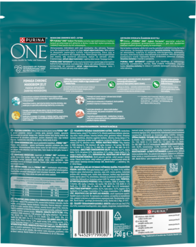 Tył opakowania Purina One Indoor Formula dla kota, z tekstem o redukcji kul włosowych i zdrowym mikrobiomie.