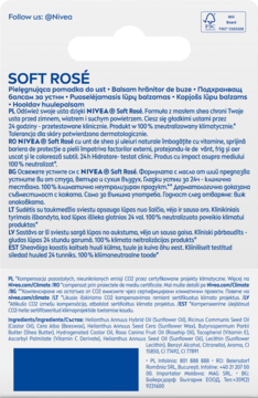 Tył opakowania balsamu do ust NIVEA Soft Rosé, widoczne teksty w wielu językach, certyfikaty i skład.