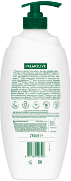 Tył białej, wyprofilowanej butelki Palmolive żel pod prysznic Miód i Mleko 750ml, z zieloną pompką i etykietami.
