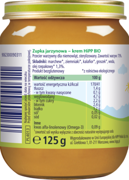 Tył słoika z ekologicznym przecierem warzywnym HIPP BIO, zielona etykieta ze składem i wartościami, 125g.