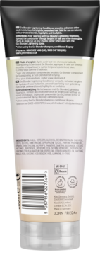 Tył kremowo-blond tubki odżywki John Frieda Go Blonder z listą składników, kodem kreskowym i etykietami.