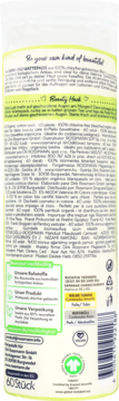 Tył opakowania białych wacików z bawełny organicznej 60 szt., zielone napisy, logo GOTS, lista składników.