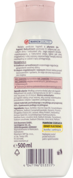 Tył białej butelki płynu do kąpieli Babydream dla dzieci, z listą składników i cechami pielęgnacyjnymi.