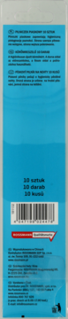 Tył opakowania pilniczków piaskowych Rossmann, 10 sztuk. Widoczne instrukcje użycia, kod kreskowy i dane producenta.