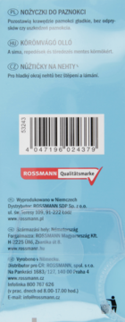 Tył niebieskiego opakowania nożyczek do paznokci Rossmann z kodem kreskowym i informacjami o produkcie.
