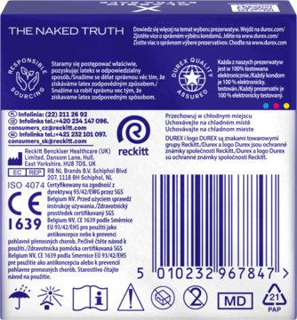 Tył opakowania prezerwatyw Durex Extra Safe, granatowe pudełko z białym tekstem i kodem kreskowym.