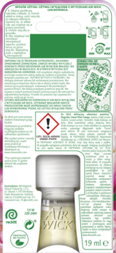 Air Wick, tył opakowania wkładu do elektrycznego odświeżacza powietrza, magnoliowo-wiśniowy, z tekstem i QR kodem.