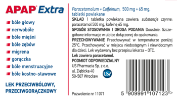 APAP Extra, lek przeciwbólowy, tył opakowania z ulotką i składem. Białe pudełko z czerwonym logo, kod kreskowy.