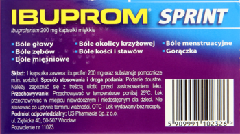 Tył fioletowego opakowania Ibuprom Sprint z białym tekstem, pokazujący wskazania na ból i gorączkę oraz kod kreskowy.