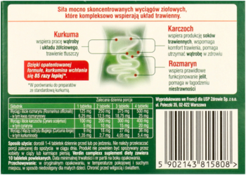Tył zielonego opakowania Verdin Complexx, suplementu na trawienie. Szczegóły działania kurkumy, karczocha i rozmarynu.