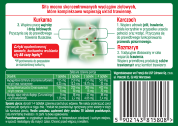 Tył zielonego opakowania Verdin Complexx, suplementu diety na trawienie, z opisem składników i kodem kreskowym.