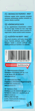 Tył niebieskiego opakowania małego obcinacza do paznokci Rossmann, widoczny kod kreskowy i opisy.