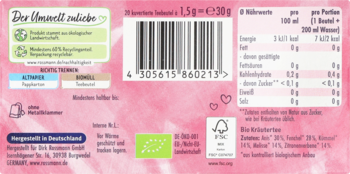 Tył różowego opakowania herbaty Babydream dla mamy karmiącej. Widoczne składniki, wartości odżywcze, kod kreskowy i bio logo.