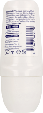 Biały ISANA MED deo roll-on 50 ml, tył butelki z listą składników, instrukcją recyklingu i kodem EAN.