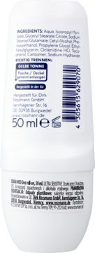 Tył białego dezodorantu ISANA MED roll-on 50 ml, Ultra Sensitive, ze składem i instrukcją segregacji.